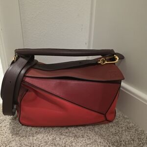 Loewe Calfskin Colorblock Medium Puzzle bag in red leather